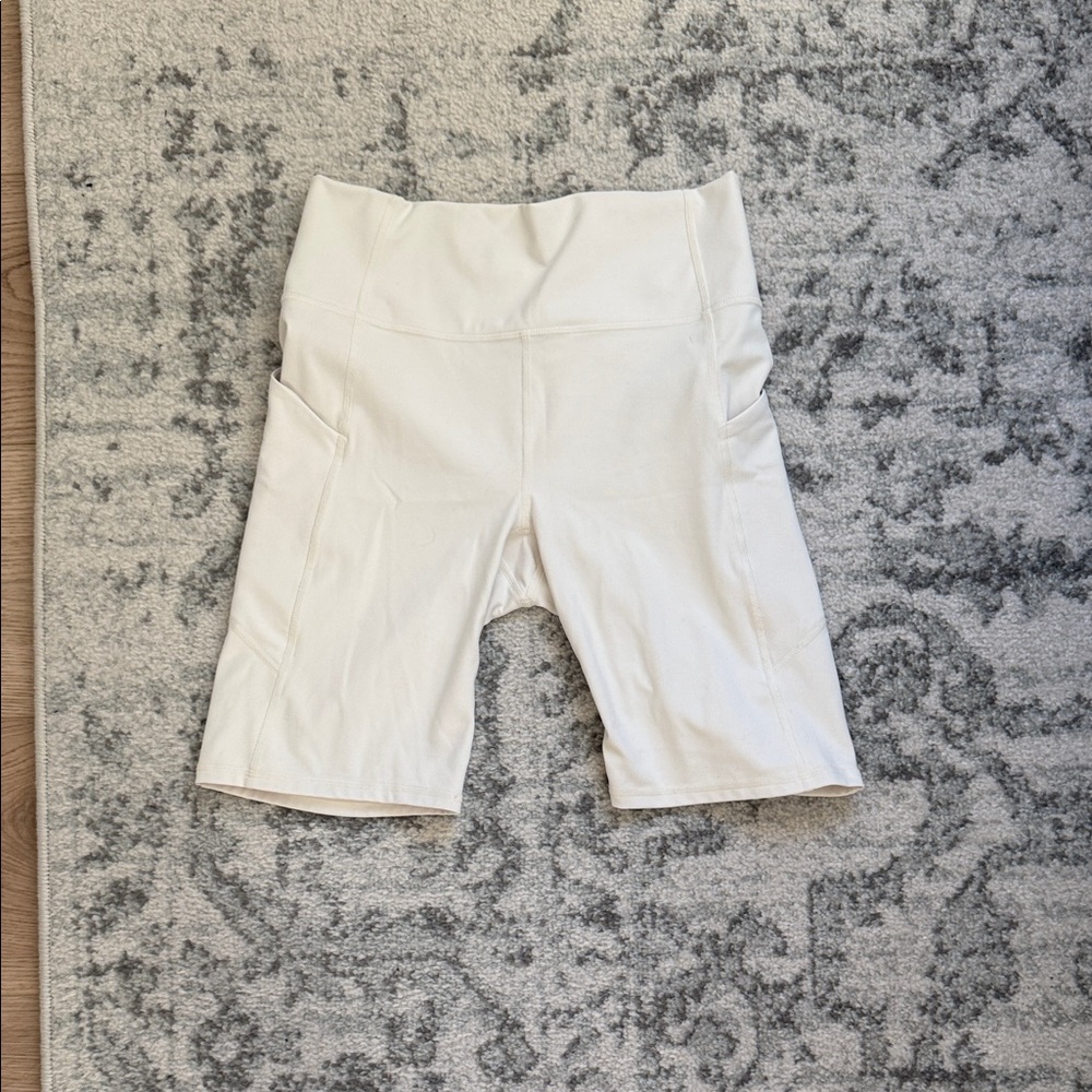 Fabletics High-Waist White Bike Shorts with Side Pockets